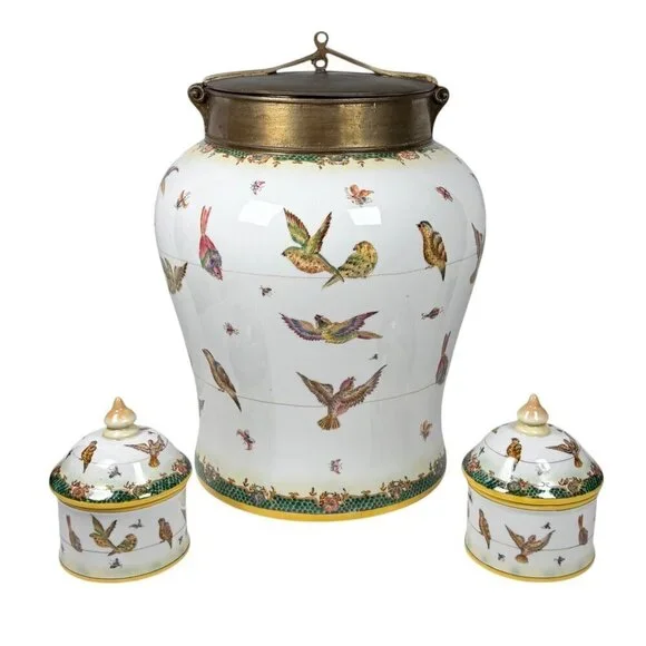 VTG Ceramic Hand Painted Lidded Jar Set Dish Asiatides Mark Chinese Birds 2PCs - Picture 15 of 15